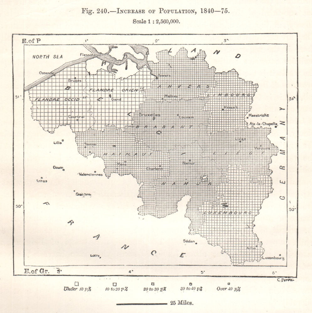 Increase of Population (Belgium) 1840-75. Sketch map 1885 old antique